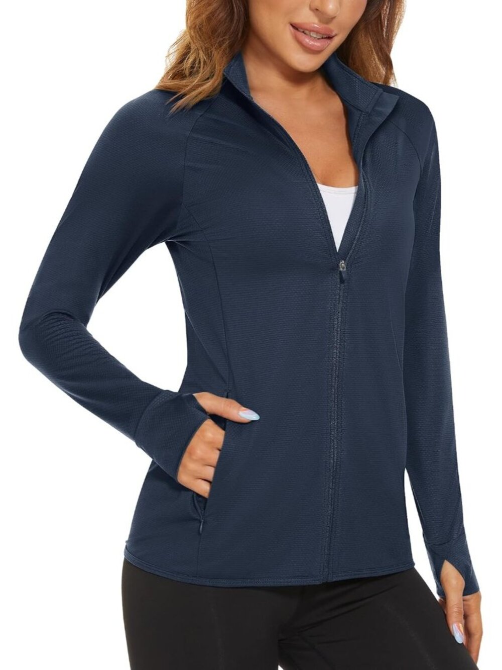 Women's Navy Full-zip High Neck Side Pockets Long Sleeve Plain Athletic Jacket